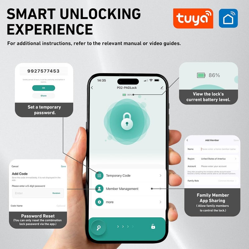 AuntyFey Smart Combination Lock for Locker, Digital Padlock for Gym Locker Lock with APP, 6 Digit Combination Lock, Waterproof Outdoor Gate Lock Padlock for School, Gym, Fence, Travel - Image 2